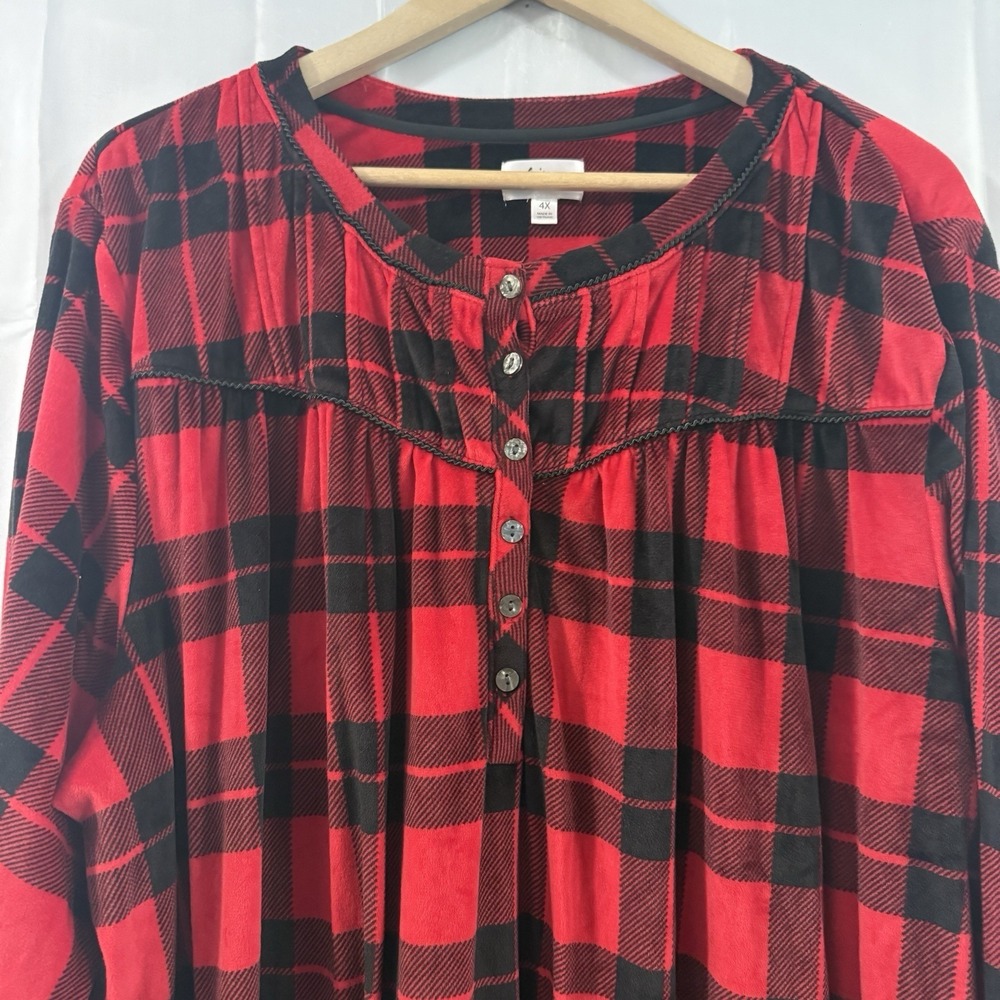 Aria Nightgown Womens 3X Red Buffalo Plaid Soft Velour Pajamas Modest Grandma